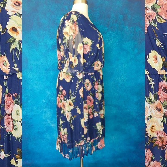 NWT AVLN Navy Floral Faux Wrap Mesh Dress 3X - Picture 7 of 9